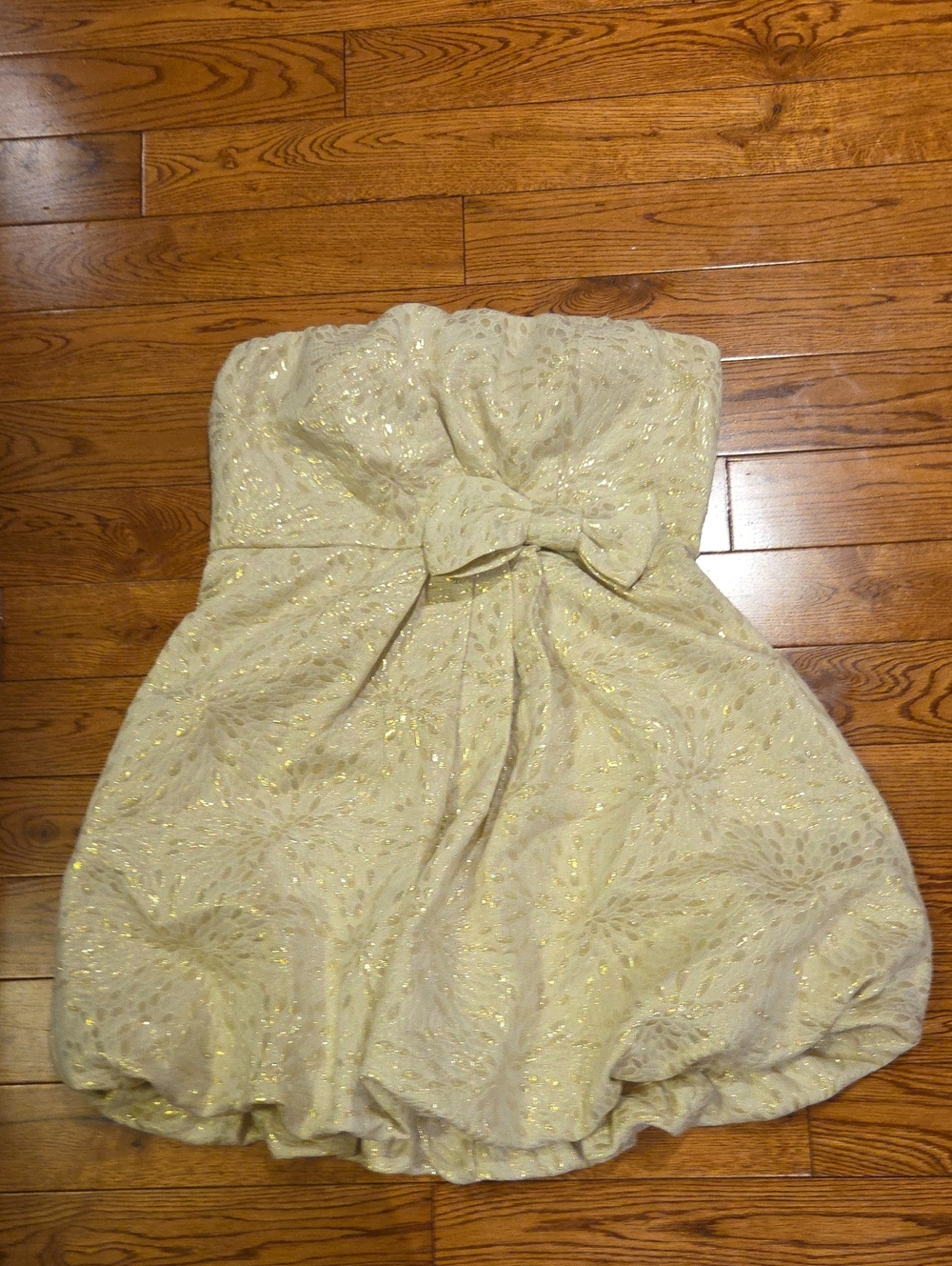 Strapless Gold-Accented Cream Bubble Dress with Bow